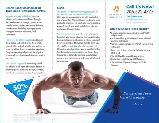 Back panel gym trainer brochure